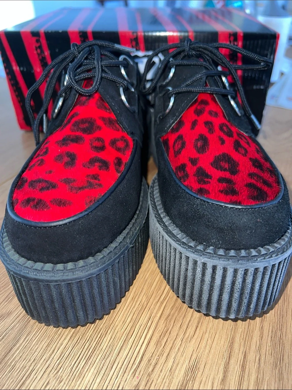 NIB T.U.K Mondo Creeper Black Shoes with Red Leopard Hair-On Leather